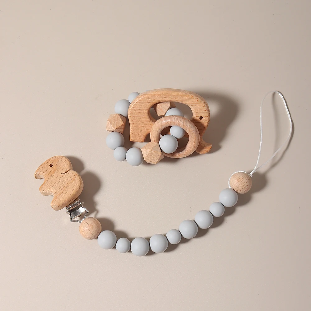 New Baby Pacifier Chain Clips Wood Bird Teether Silicone Round Beads Teething Chain Soother Chew Toys pacifier chain set