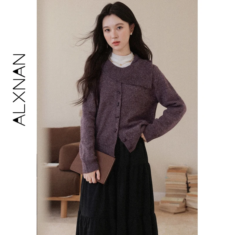 Alxnan camisola feminina marrom chique grande lapela malha pulôver outono inverno solto-ajuste casual manga longa quente senhoras topos l58019