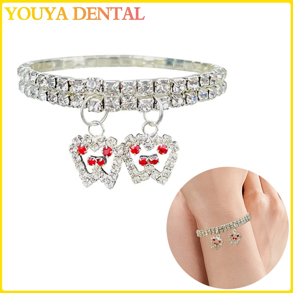 

Luxury Hiphop Iced Out 4mm Cubic Zirconia Crystal Tooth shape Bracelets Sweet Girls Silver Bracelet Chain Jewelry Dentistry Gift