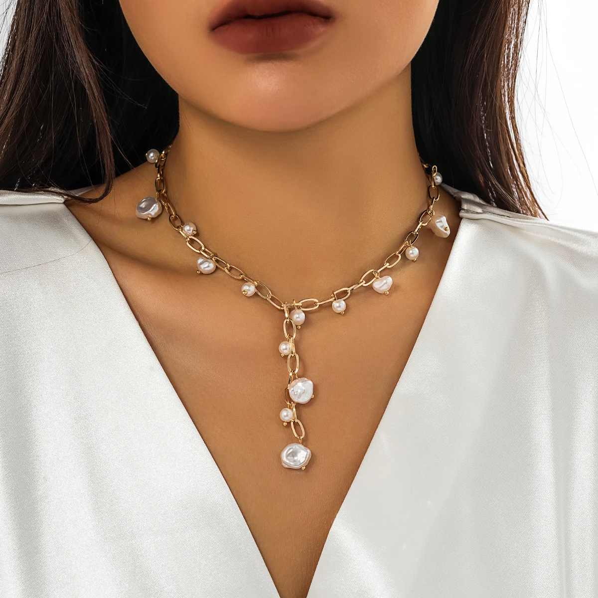 IngeSight.Z Vintage Imitation Pearl Pendant Necklace Women Punk Gold Color Metal Link Chain Long Choker Necklace 2023 Jewelry