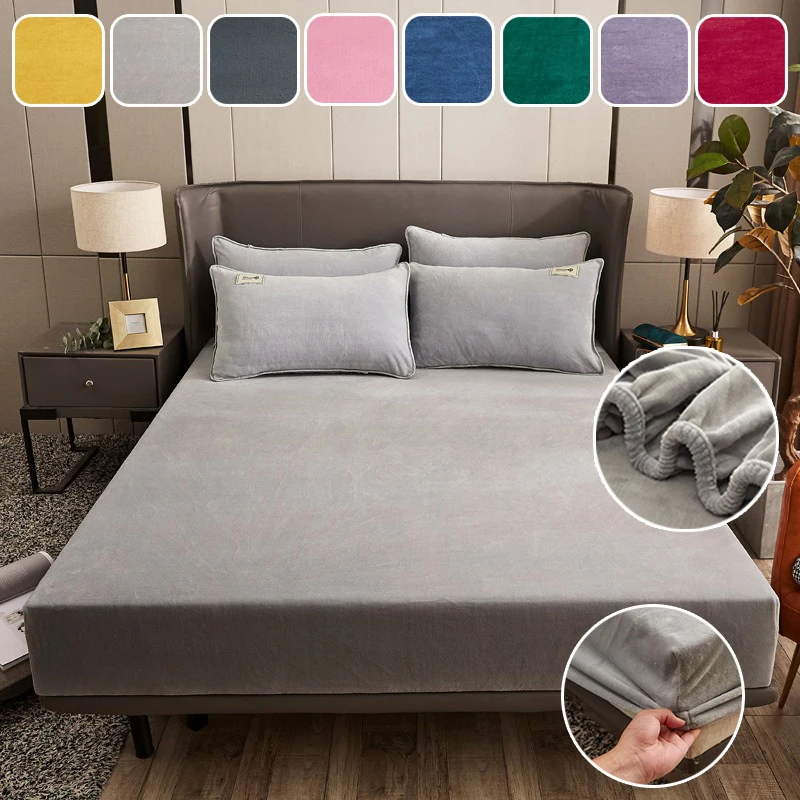 

Fluffy Fleece Fitted Sheet Winter Warm Plush Elastic Mattress Protector Cover with Pillowcase for Single Double King Queen Sizes