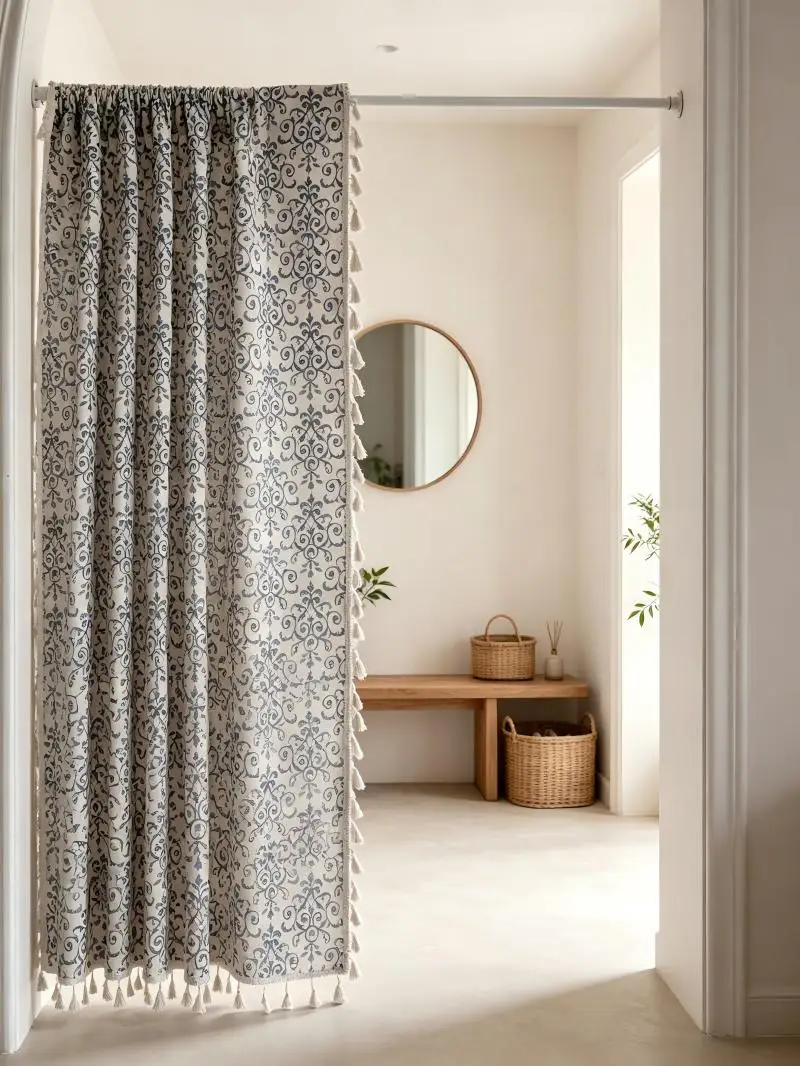 1PC Vintage Tassel Sheer Curtains, Navy Blue Damask, Digital Print, Linen Polyester, Bedroom Living Room Cafe, Home Decor