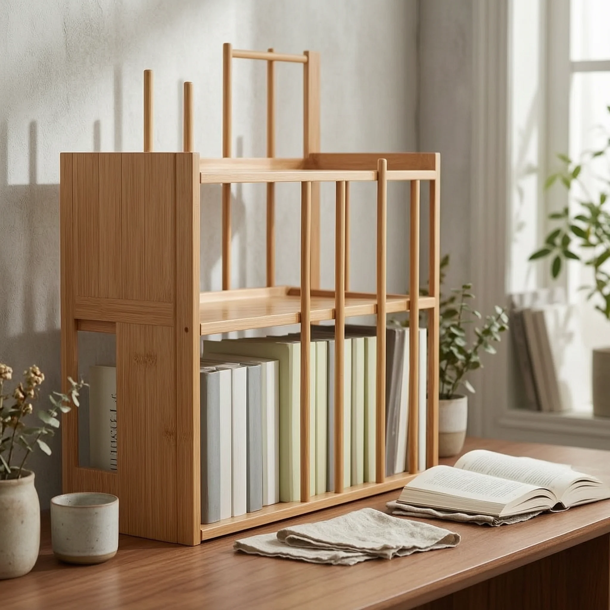Bamboo Bookshelf Assembled Slatted Bamboo Shelf unrestrictedFrame Bookshelf Freestanding Display Storage Rack Multifunctional