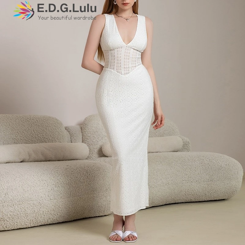 EDGLuLu Długa, seksowna sukienka damska z głębokim dekoltem w serek, bez rękawów, z wysoką talią, ażurowa, dzianinowa, łączona, z rozcięciem z tyłu, biała sukienka 0830