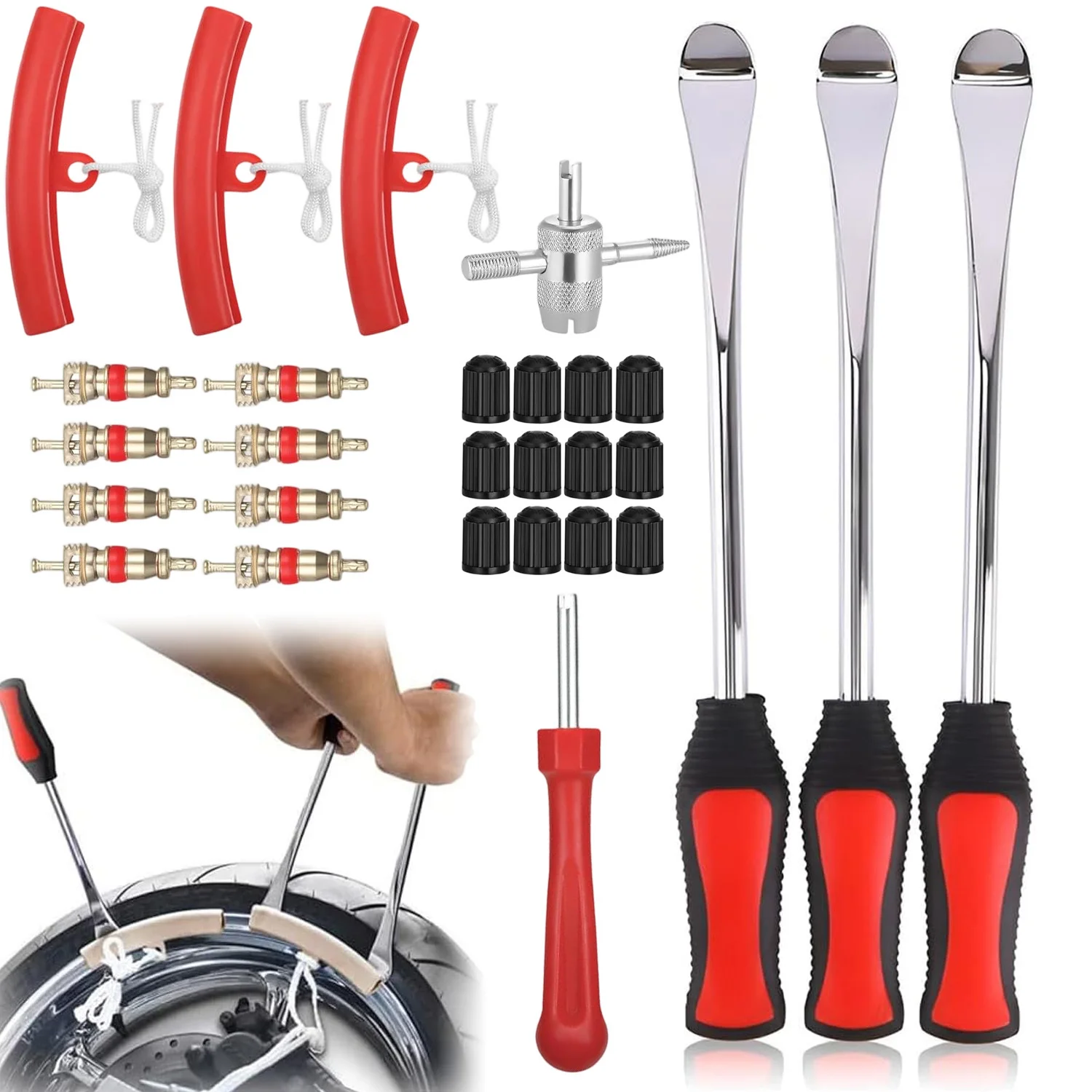 Hochleistungs-Reifenheber-Set 29-teilig, Motorrad-Offroad-Fahrrad-Roller-Reifenreparatur-Werkzeugset mit Felgenschutz, ergonomischem Gummigriff, poliertem, rostbeständigem Chrom-Kohlenstoffstahl,