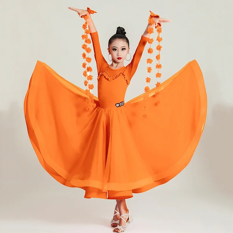 Kids Girls Modern Dress Mesh Waltz Social Dance Lace Long Sleeve Bodysuit and Mesh Large Skirt Dancewear Ballroom Costumes