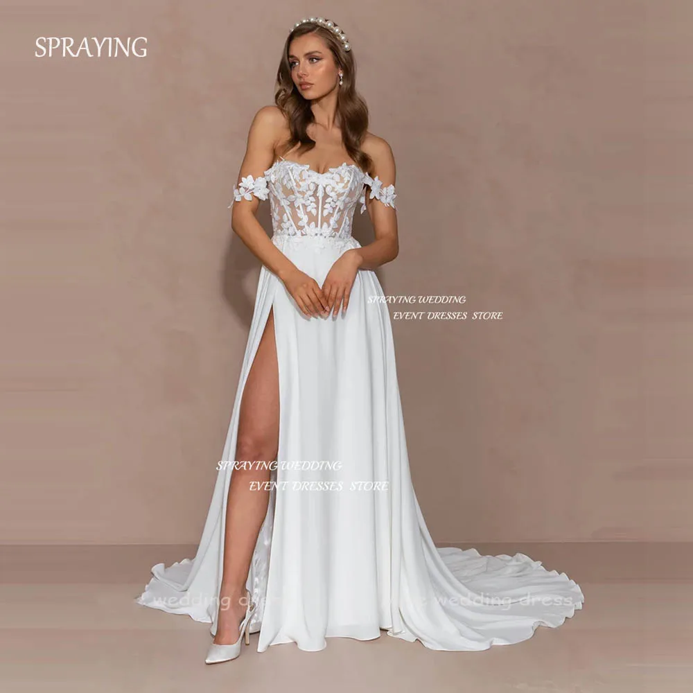 

SPRAYING Elegant Off Shoulder A-line Lace Flower Bride Gown Sweetheart Long Side High Slit Wedding Dresses for Women Customized