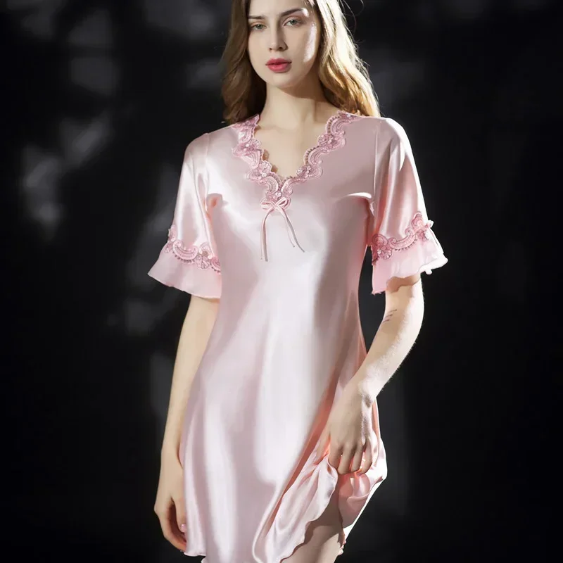 New Summer Women Sleepwear Ice Silk Nightdress Robe Sexy Lingerie Nightgown Lady Homewear Female Night Home