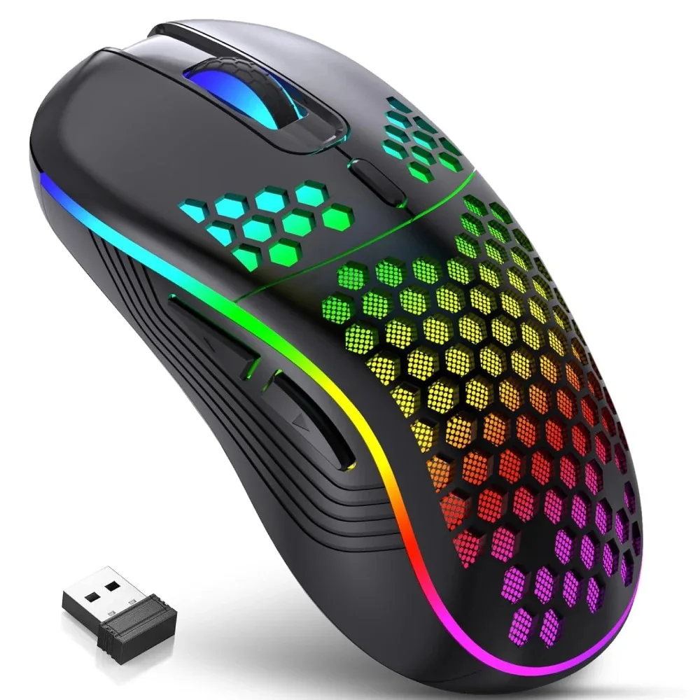 Adjustable DPI RGB Lighting Mouse Rechargeable Ergonomic Design Gaming Mouse Colorful Honeycomb Shell 2.4G Wireless Mouse PC