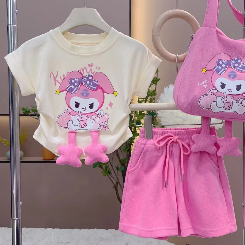 

Sanrios Cartoon Kuromi My melody Children's Short Sleeve Shorts Set Summer Home Clothes Cute Round Neck Pure Cotton Girls Gift