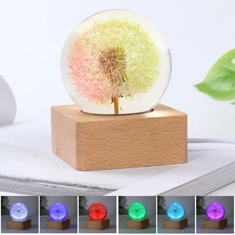 

7CM Crystal Ball 3d Dandelion Luminous Wood Stand Base Colorful Glowing Light Flower Resin Figurine Desk Decor Gifts for Kids