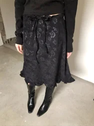 Unique SEI Retro Street Dark Rose Floral Print Lace Hem Mid-Length Slimming Versatile Half Skirt Casual High Waist A-Line Skirt