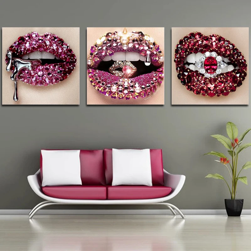 Sexy Drill Piercing Lips Canvas Painting Mouth Posters and Prints Modern Wall Art Decorative Picture for Living Room Home Decor