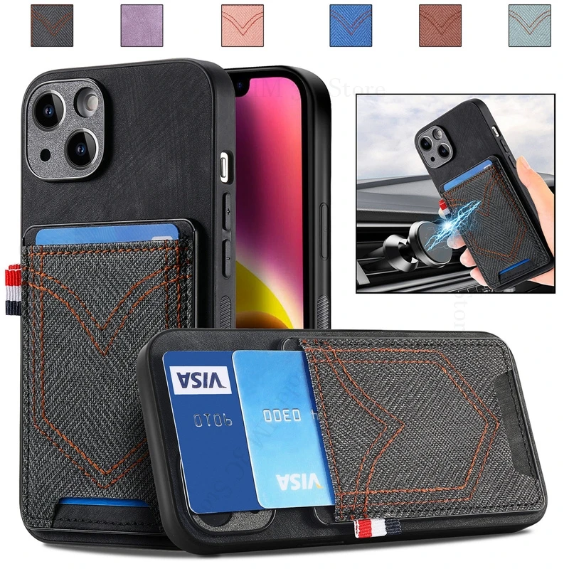 

Cowboy Leather Phone Case For iPhone 17 16 Pro Max Denim Card Slot Magnetic Cover For Apple 16E 15 Pro Max 14 Plus 17 Air Fundas