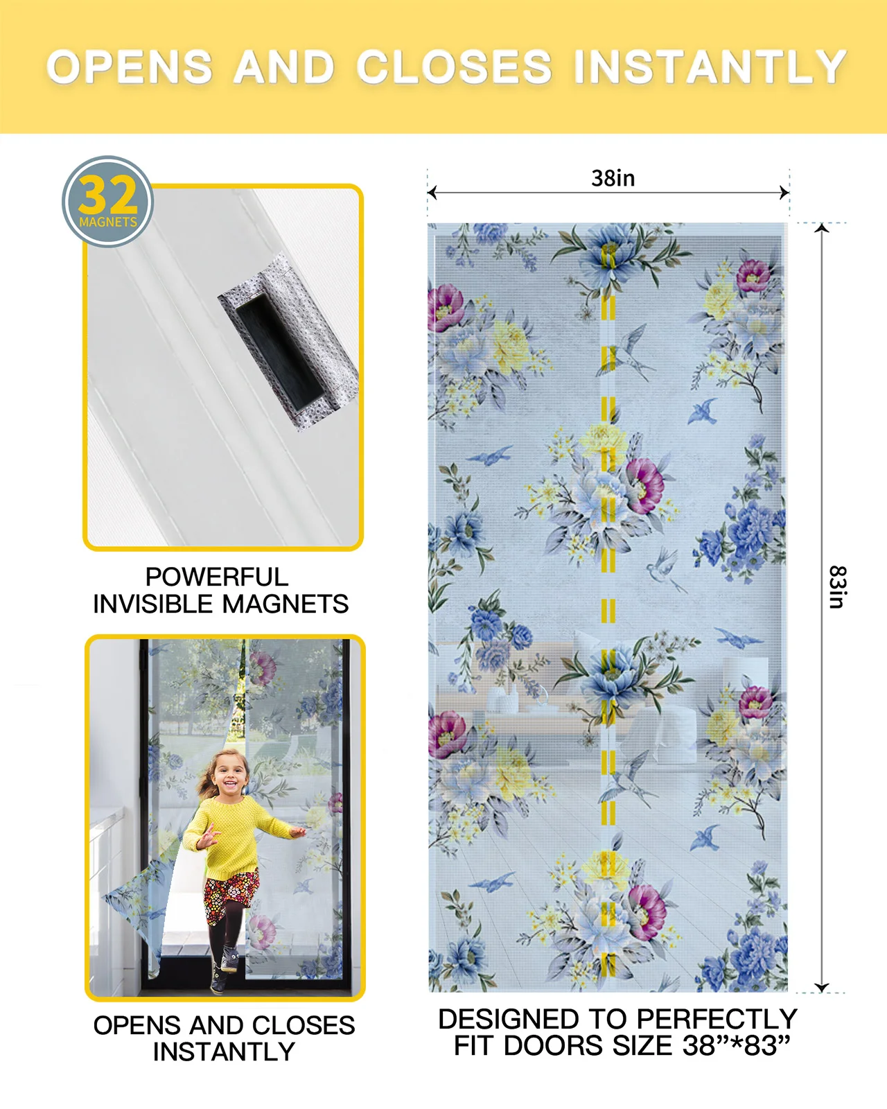 Flower Bird Leaf Summer Magnetic Screen Door Curtain Anti Mosquito Net Insect Fly Bug Kitchen Curtains