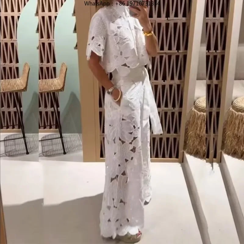 Women Hollow 2Pcs Lace Outfit Embroidery Retro Temperament Suit 2024 Elegant Button Short Sleeved Blouse Tops&Tie-up Pants Set