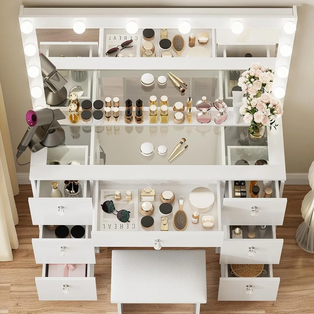 Makeup vanity with glass top, 7 drawers and power sockets, 3 color lighting modes with adjustable brightness image 6