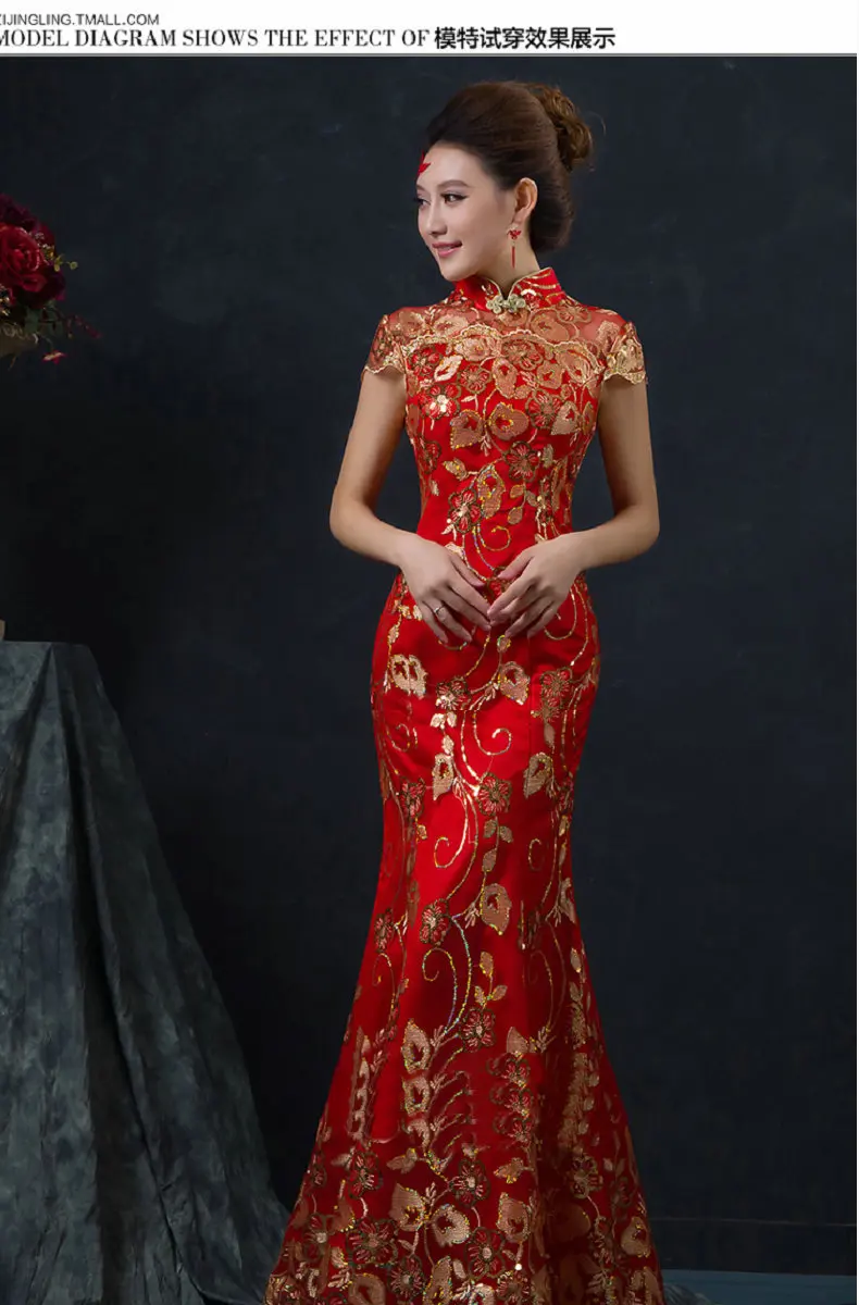 Rode Chinese Trouwjurk Vrouwelijke Lange Korte Mouw Cheongsam Goud Slanke Chinese Traditionele Jurk Vrouwen Qipao Voor Wedding Party