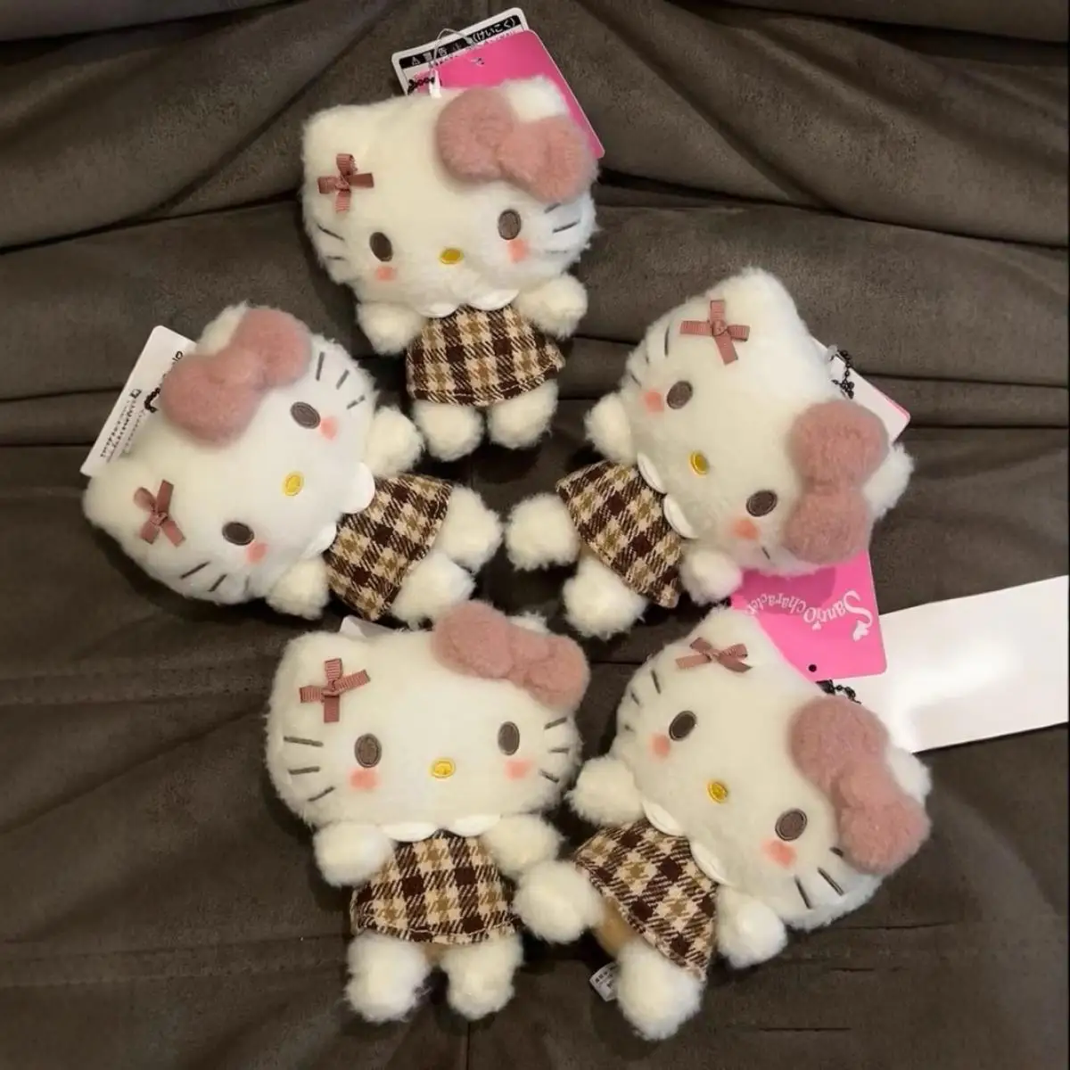 10Cm Sanrio Hello Kitty Mocha Plaid Skirt Plush Doll Toys Cute Kitty Plush Toy Plaid Cartoon Backpack Pendant Accessories Gift