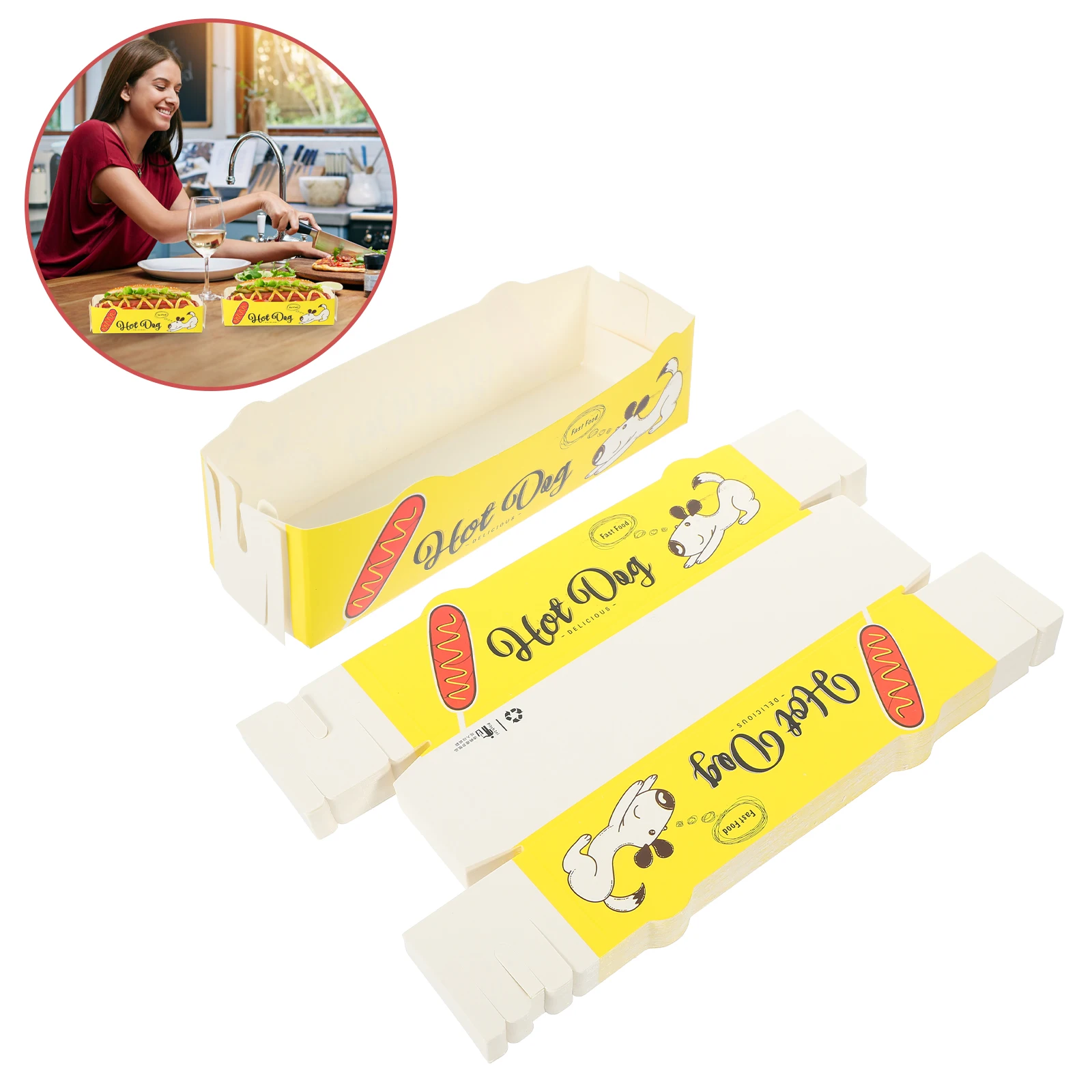 

50pcs Yellow Hot Dogs Box Food Containers Paper Holders Disposable Snack Open Boxes Basket Chicken Serving Trays Pack