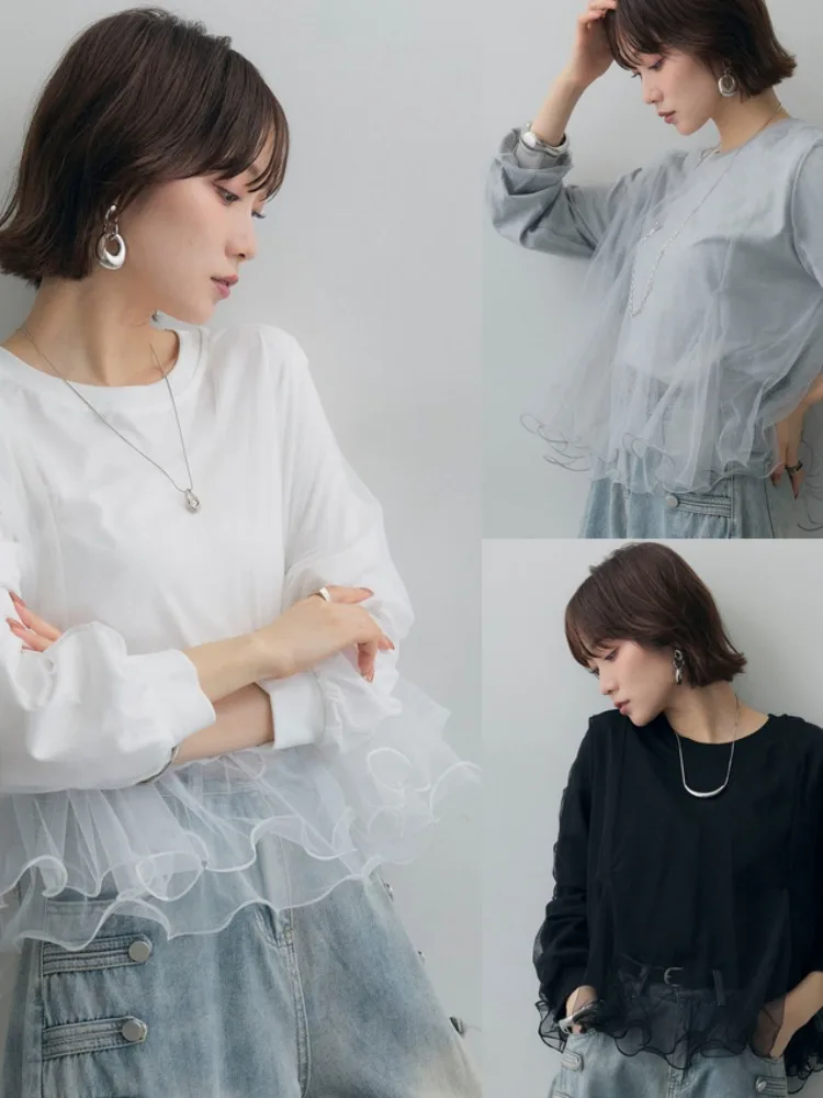 Japanese Style Spliced Mesh Long Sleeve T-Shirt Women's Fashionable Anti-Aging Sweatshirt Standard Fit Double Layer Design Co...