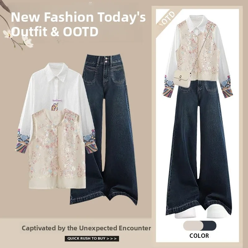 

Spring Summer New Chinese Style National Trend Set Women Elegant Sequin Vest Hanfu Shirt Retro Jeans Three Piece Set Casual Wear