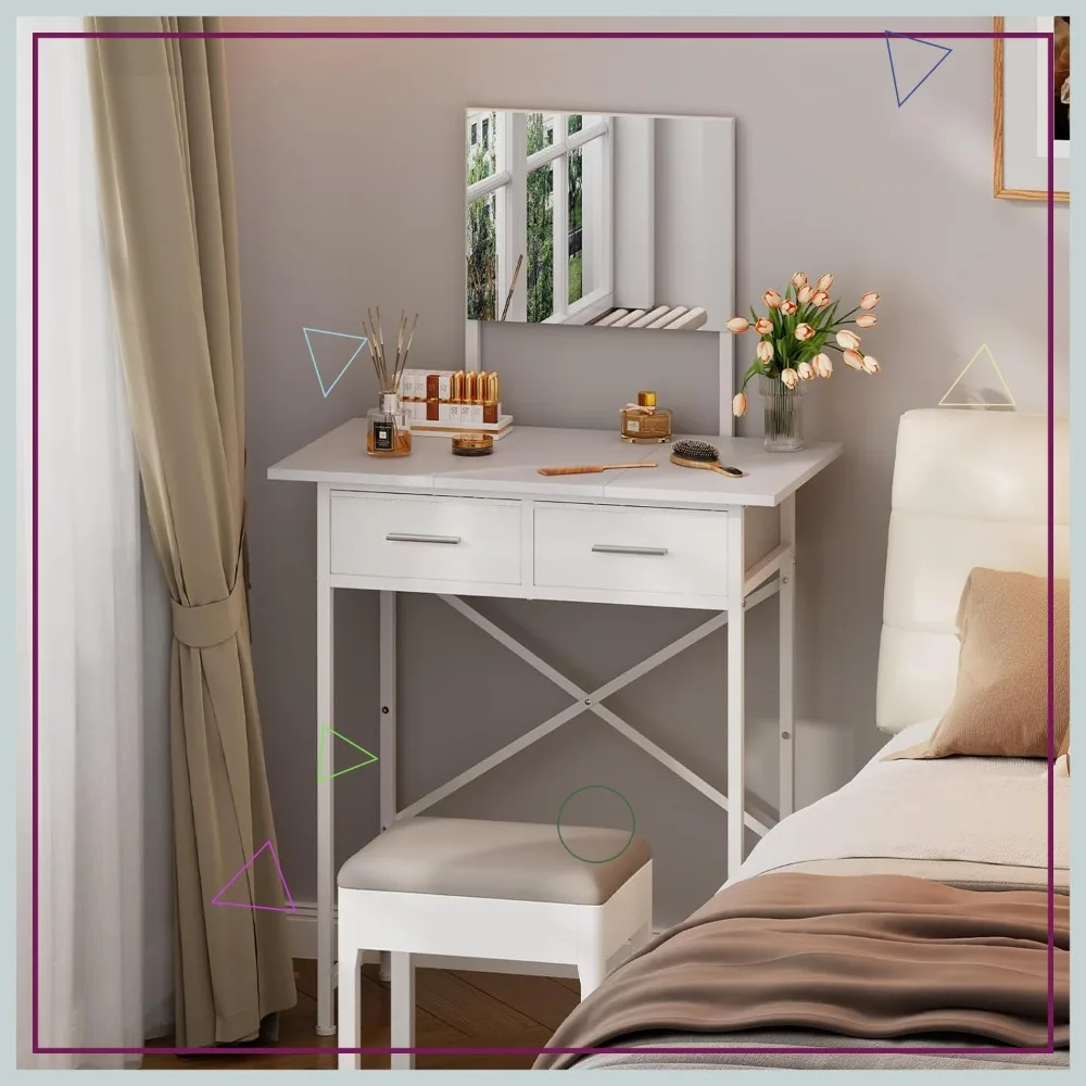 Compact White Vanity Desk with Mirror & Drawers, Space-Saving Makeup Table for Bedroom