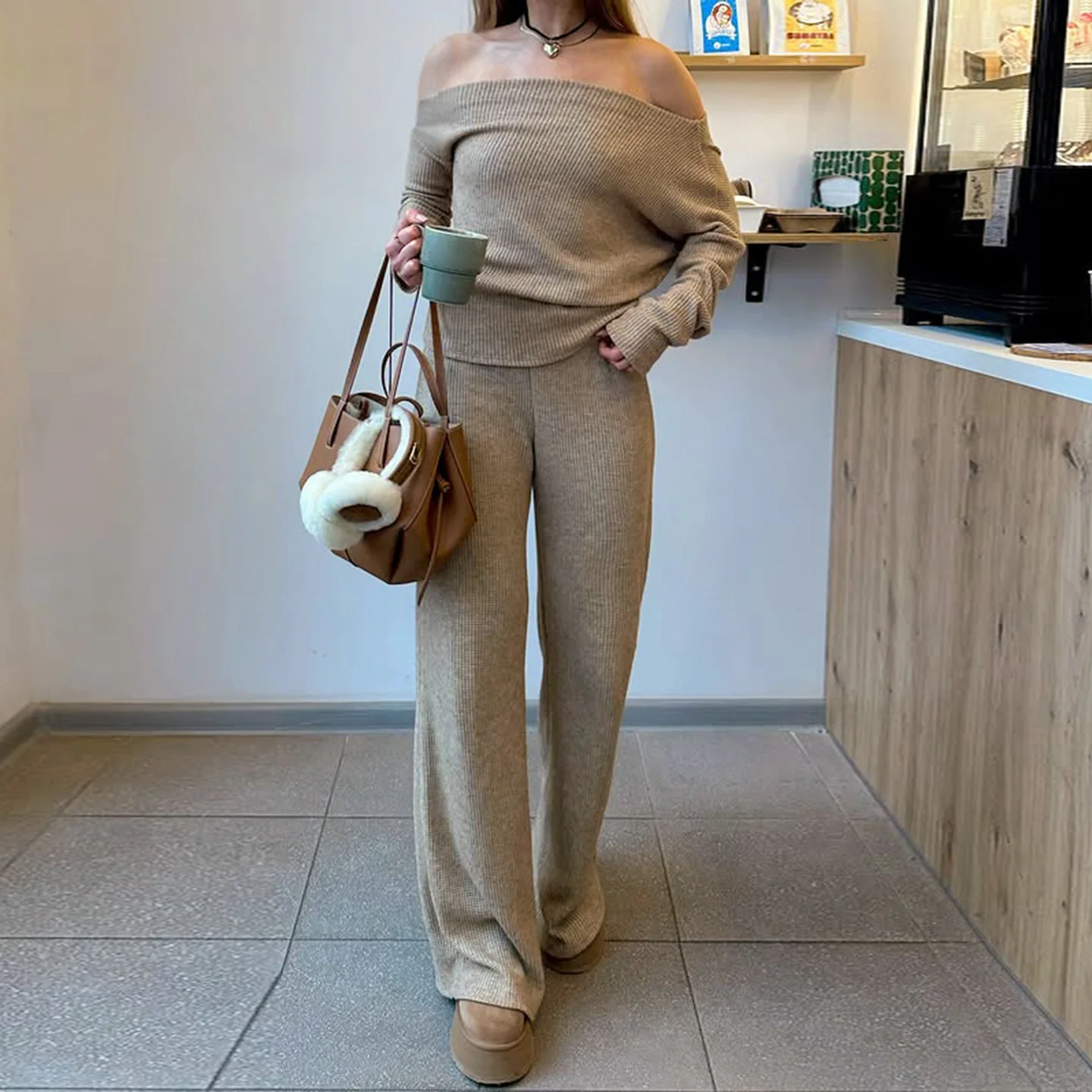 

Absobe 2025 Fall Winter Waffle Knit 2 Piece Set Off Shoulder Long Sleeve Top Loose Straight Pants Warm Streetwear Casual Outfit