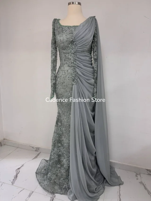 Gray Mermaid Evening Dress Saree Draped Chiffon Long Sleeve Lace Beaded Formal Gown For Wedding Guest Prom Party Customized