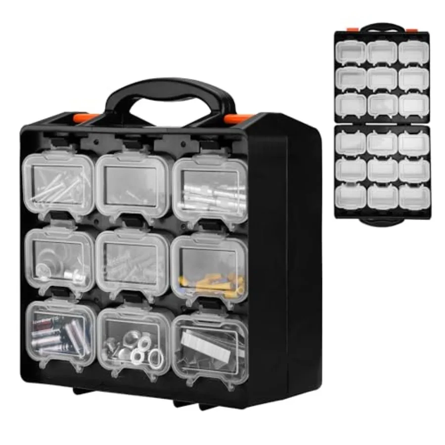 

Органайзер для мелких деталей, двусторонний ящик для инструментов с 18 съемными контейнерами, портативный кейс для хранения винтов, гаек, болтов и других комплектующих.