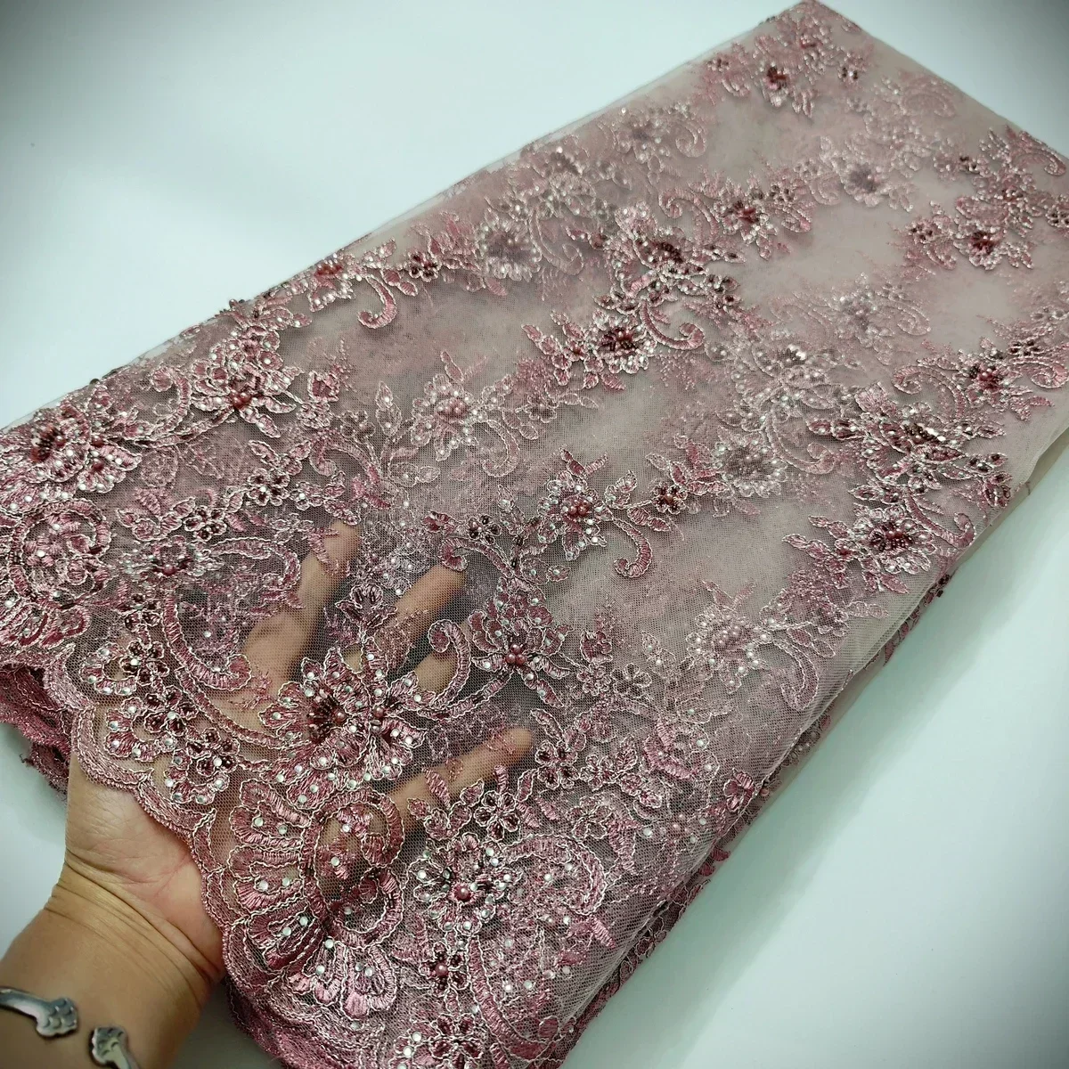 Pink African Lace Fabric 2024 High Quality Sequins Nigerian Lace Fabric For Bride French Tulle Lace Fabric For Party KLM20103