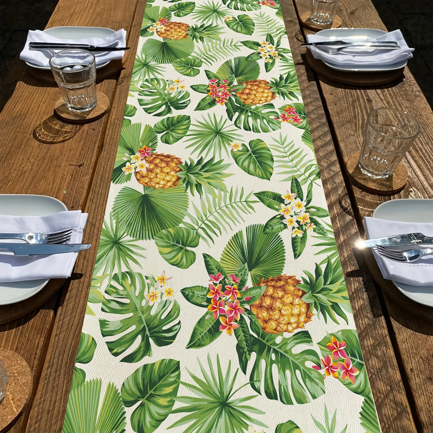 Pineapple Flowers Leaves Linen Table Runner Home Decor Summer Hawaiian Tropical Fruit Floral Palm Leaf Table Runners Party Decor