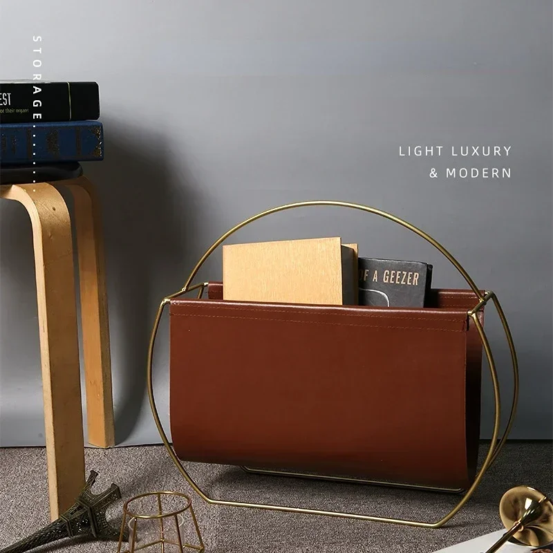 Light Luxury Iron Metal Book Rack Leather Magazine Holder Floor Storage Shelf for Living Room American Style Newspaper Organizer