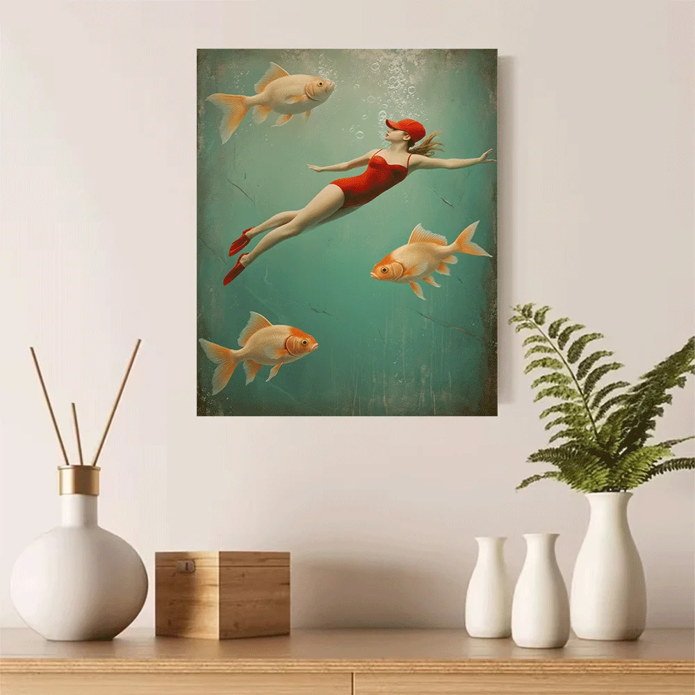 1PC-Canvas poster Unframed  Underwater Woman Swimming With Goldfish Art Print  summer