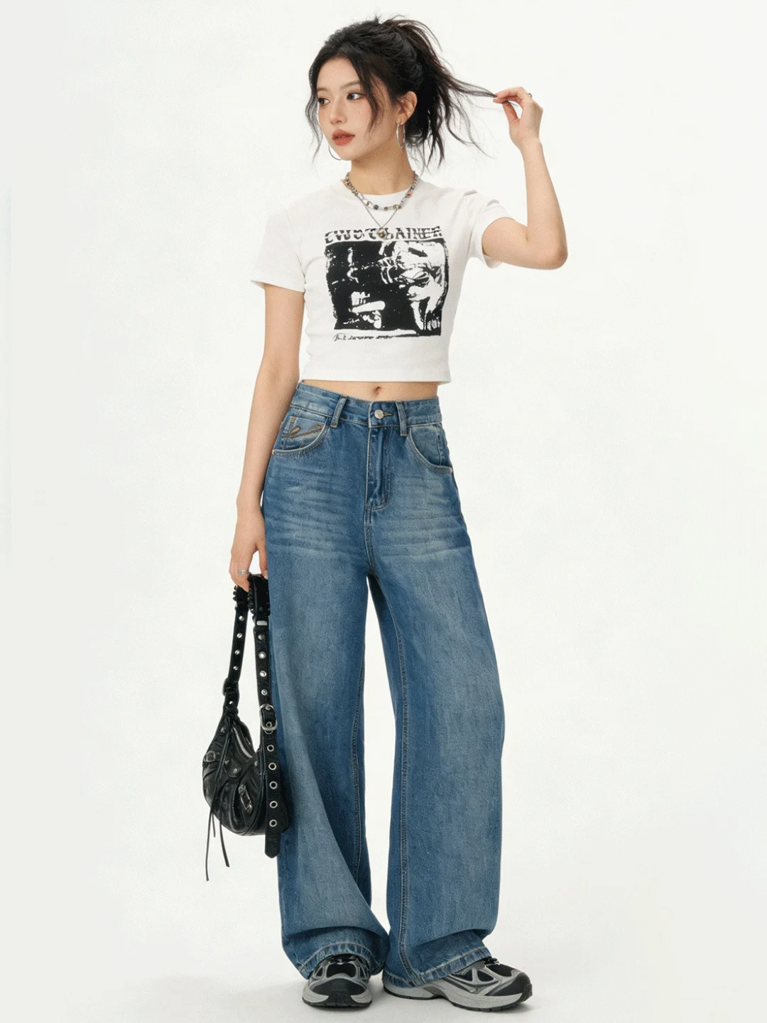 

Slimming High Waist Wide Leg Soft Denim Low Rise Vintage Loose Fit Floor Length Waed Versatile Women's Jeans Korean Sle