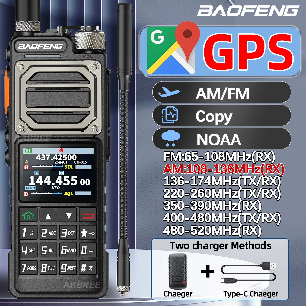 BAOFENG UV-25 PRO GPS Walkie Talkie 10W Multi Band 1000CH Type-C Charger 5200mAh for UV-5R Amateur Two Way Ham Radio for camping