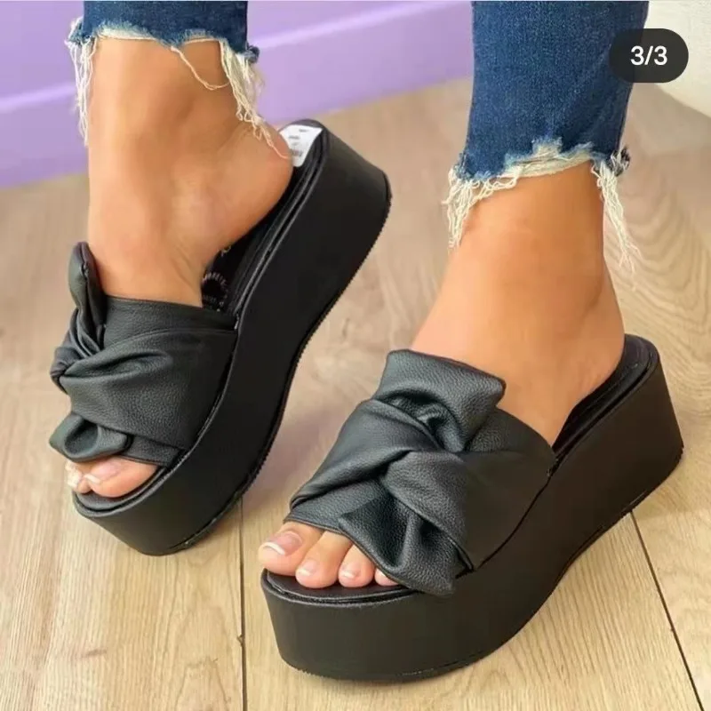 2024 Summer New Platform Slippers Large Size Bow Flip-flop Women\'s Shoes Muffin Wearing Wedge Slippers