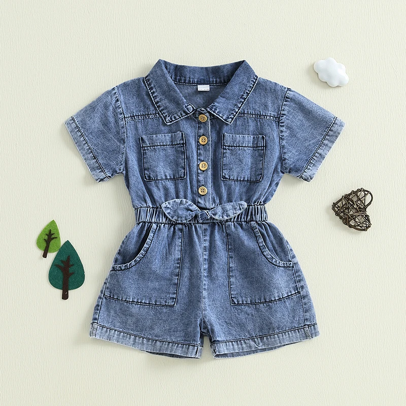 Summer Toddler Girls Denim Overalls Shorts Short Sleeves Turn Down Collar Button Down Elastic Waist Jean Romper Jumpsuit