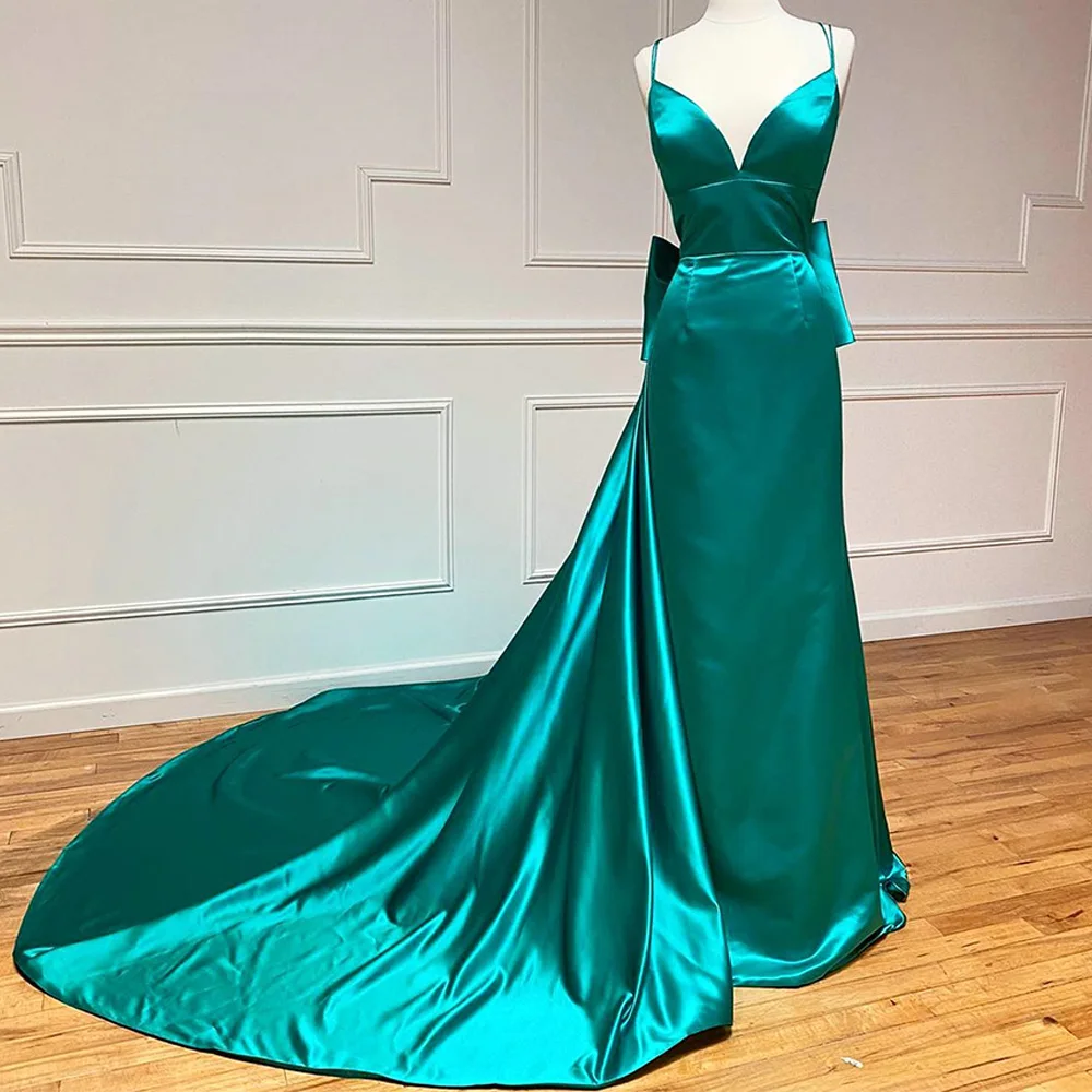 Zipper Back Bow Panel Train Sleeveless Satin Spaghetti Straps Sweetheart Floor Length Mermaid Exquisite and Sexy  Evening Dress