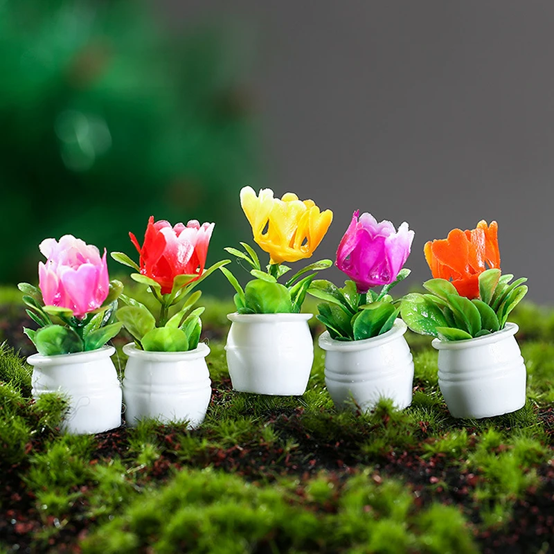 5Pcs Mini Flower Potted For Green Plant Simulation Plants Dollhouse Miniature Doll House Furniture Home Decoration