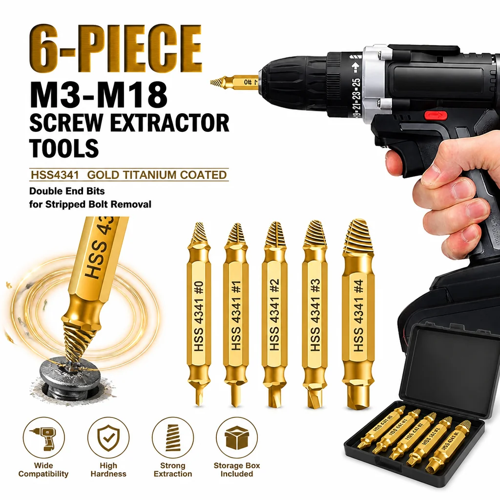 6-Piece M3-M18 Screw Extractor Tools, HSS4341 Gold Titanium Coated Double End Bits with Storage Box for Stripped Bolt Removal