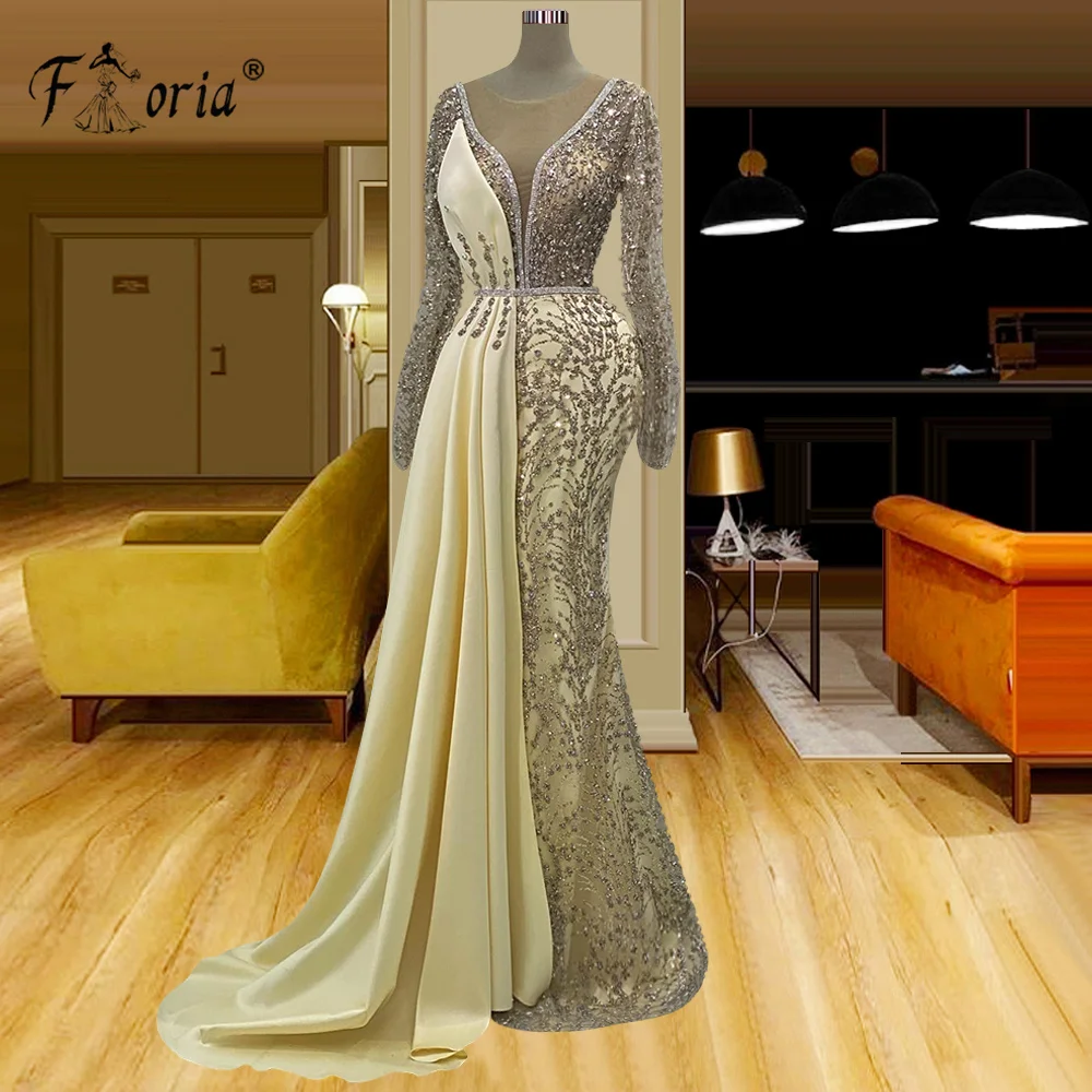 Delicado cristal lantejoulas sereia vestido de noite completo miçangas mangas compridas champanhe vestido de baile dubai asoebi mulher robe de soiree