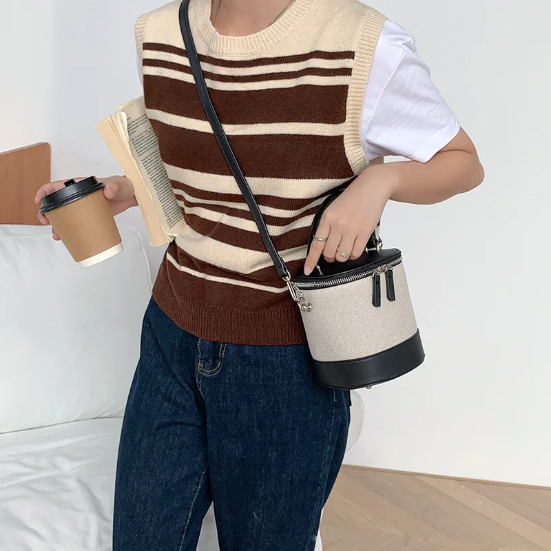 Fashion Canvas Bucket Bag Patchwork Women Designer Handbags Barrel-shaped Crossbody Bags for Women High Quality Shoulder Bag New
