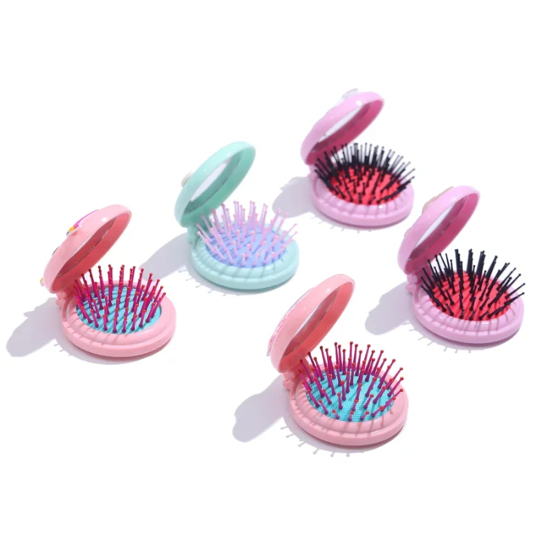 Portable Cartoon Travel Hair Brush Folding Air Bag Comb With Mirror Compact Pocket Size Cosmetic Mirror Head Massager Comb