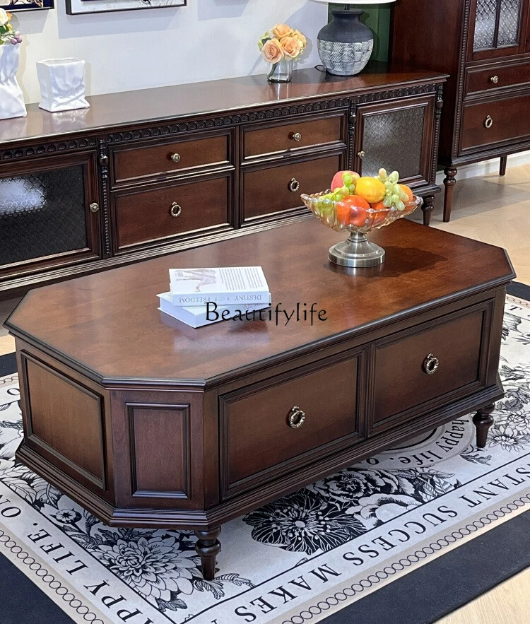 

*American retro pure solid wood coffee table log full drawer storage coffee table French retro style furniture