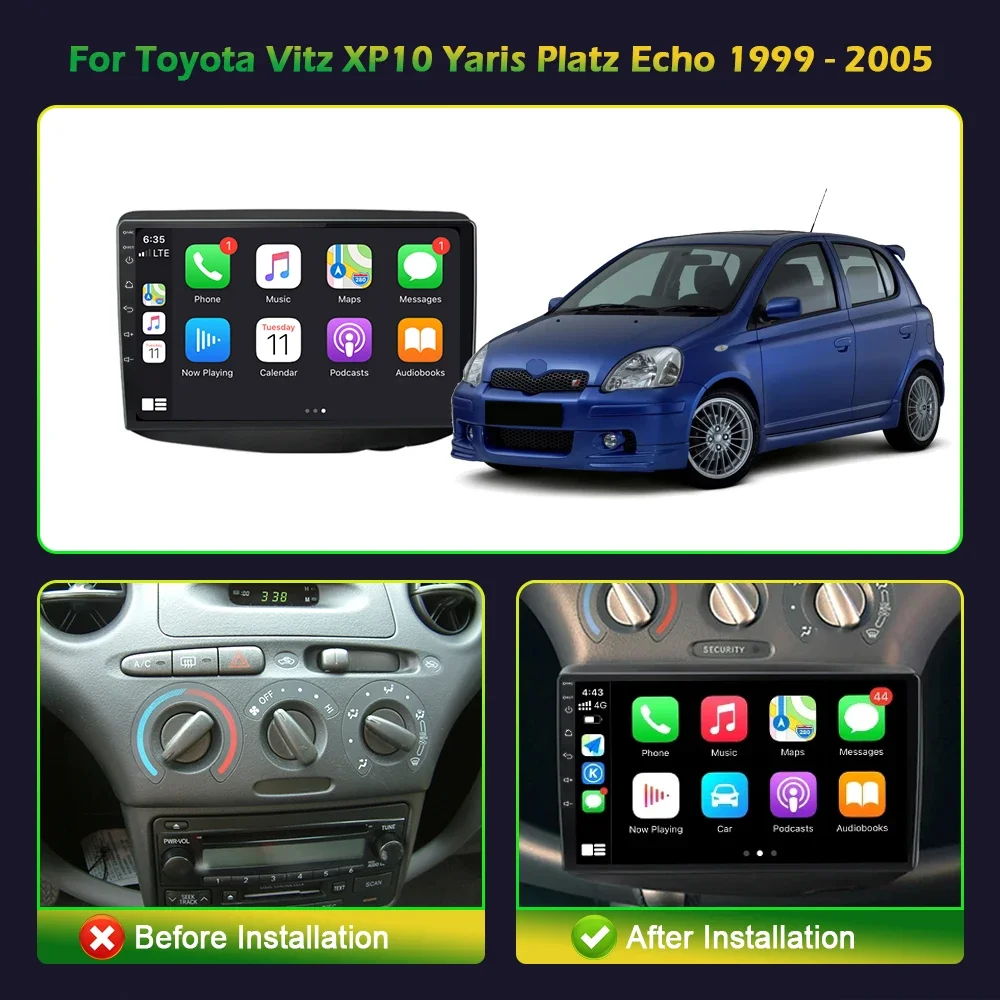 Android 14 For Toyota Vitz XP10 Yaris Platz Echo 1999-2005 GPS Car Radio Multimedia Navigation Carplay Stereo Screen