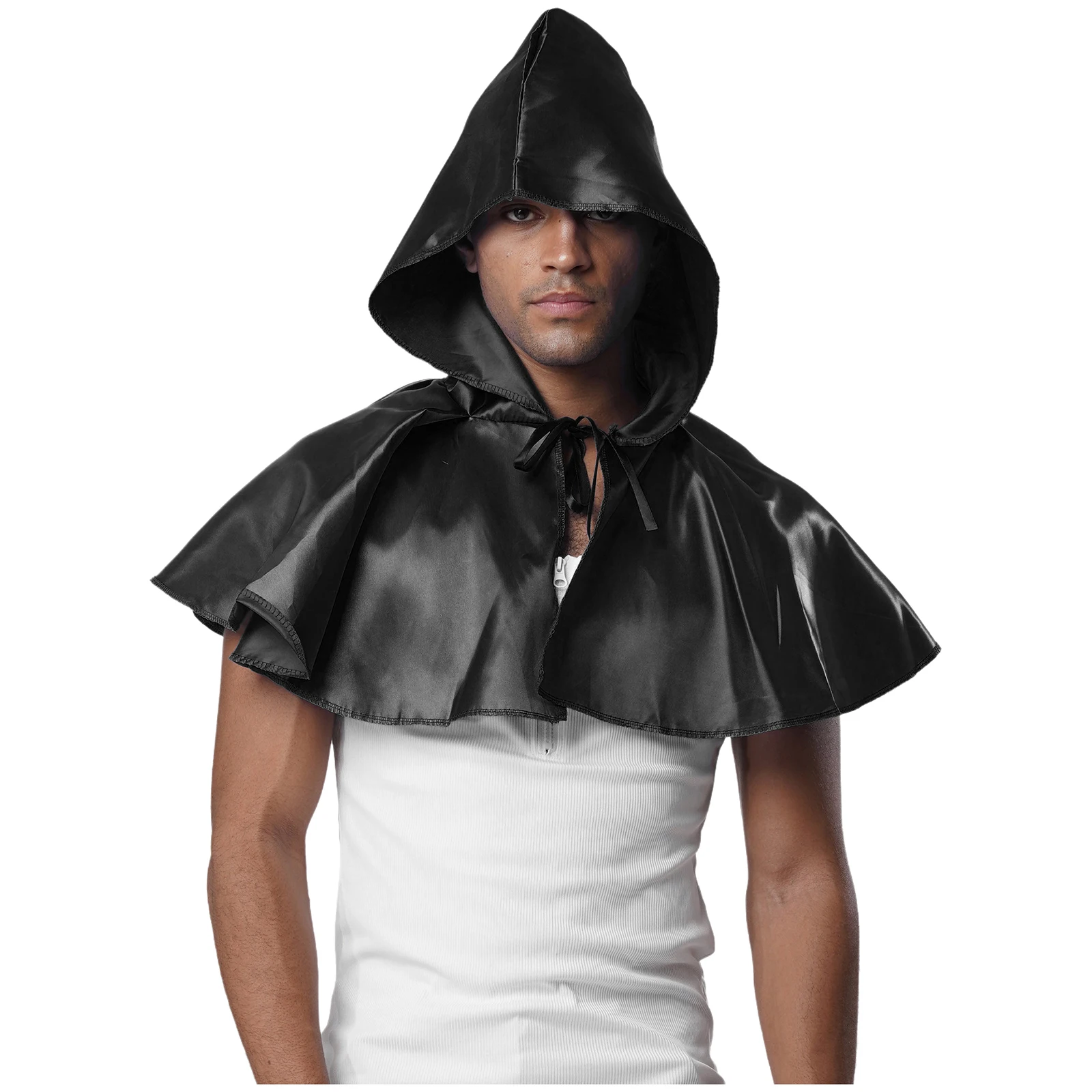 

Men Halloween Death Reaper Vampire Wizard Hooded Cloak Pointed Hood Front Tying Satiny Cape Shoulder Shawl for Medieval Cosplay
