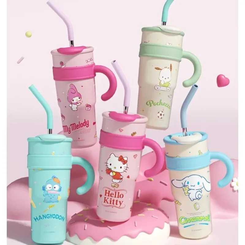 

1200ml Sanrio Hello Kitty Cinnamoroll Thermos Cup Straw Cup with Handle Cartoon High Capacity Stainless Steel Water Cup Gift