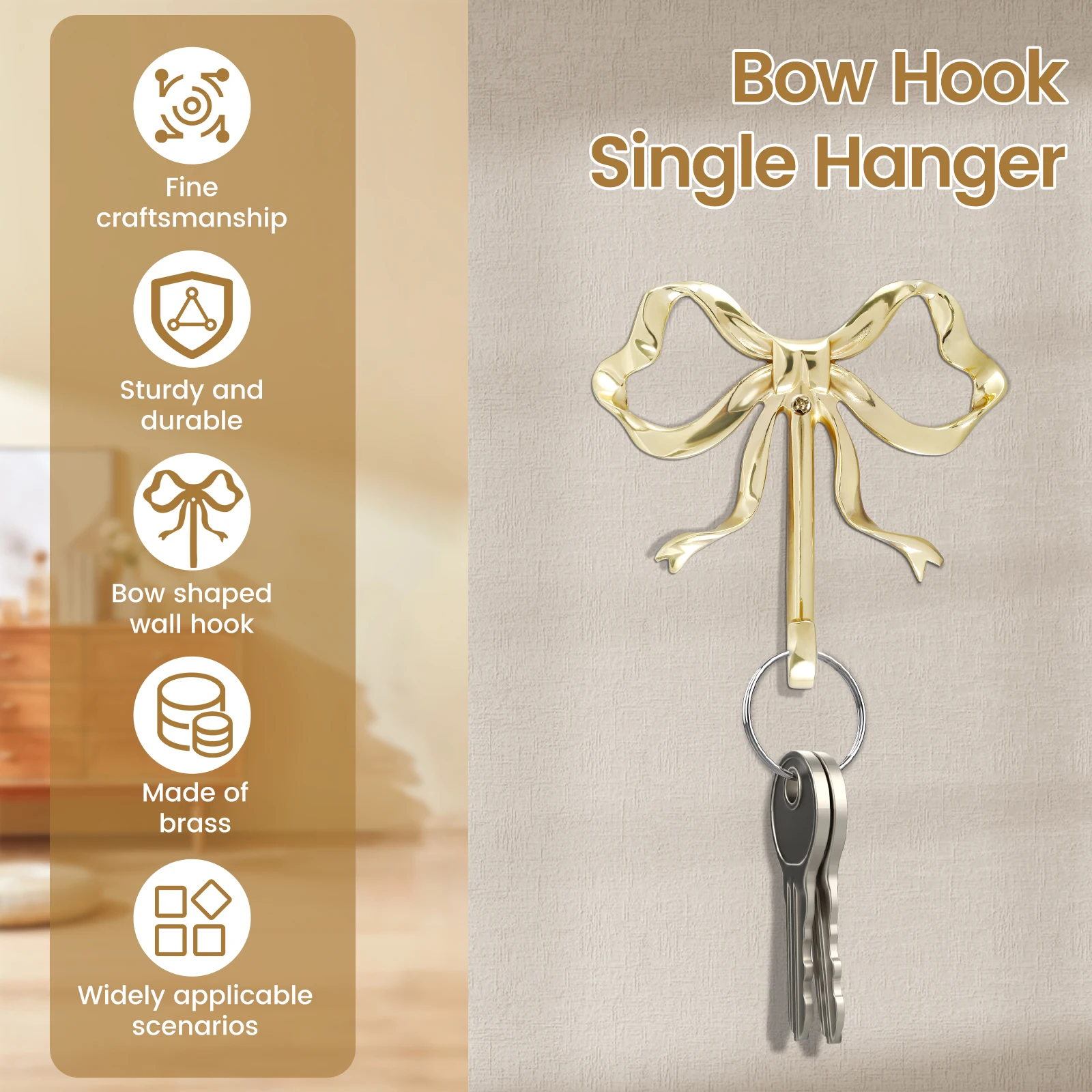 2.6 x 2.6 x 0.67 inches Gold Bow-Knot Hooks Brass Bow Wall Hooks Door Hanger Gold Towel Brass Coat Decorative Hooks for Home