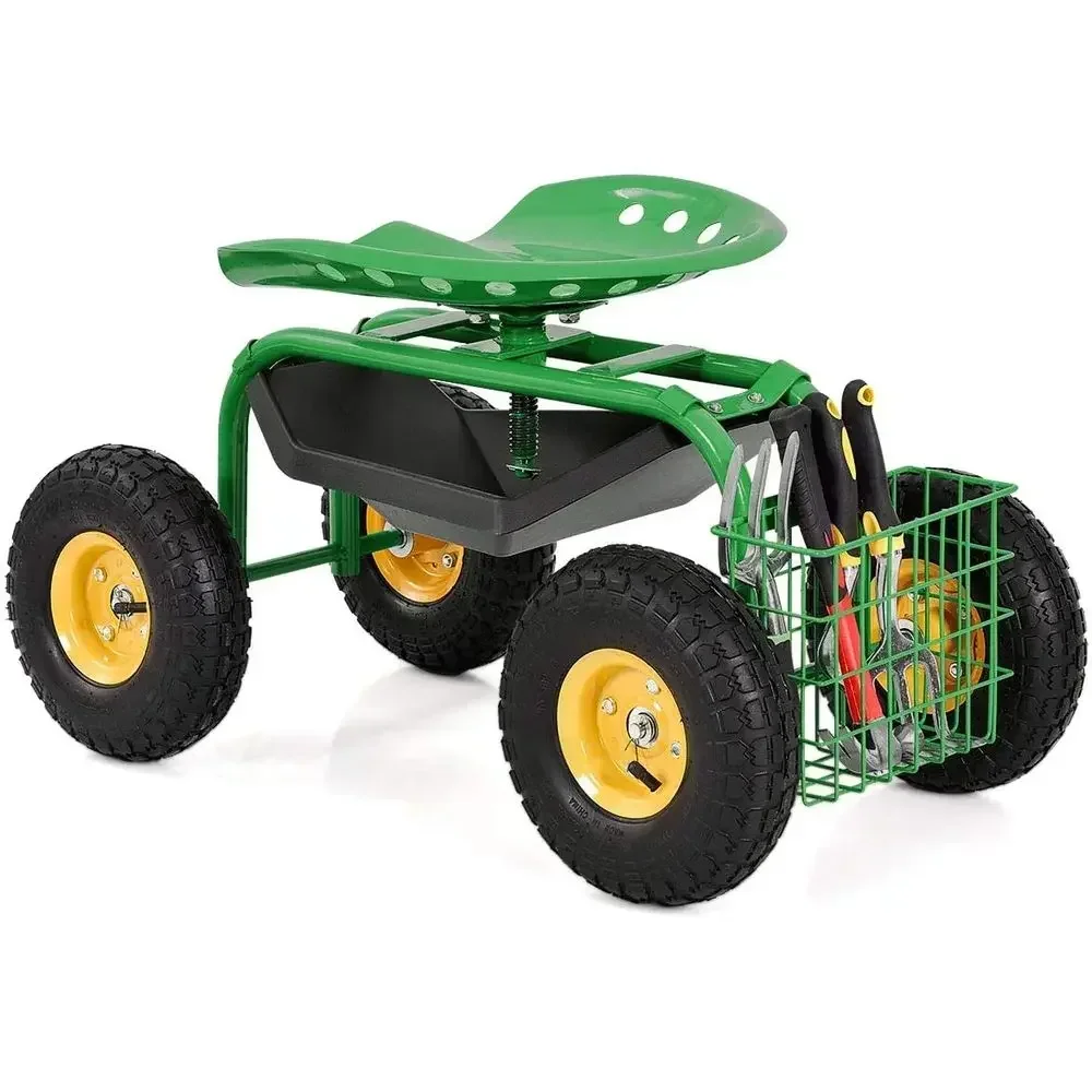 Adjustable Height Garden Cart with Seat, Heavy Duty Rolling Stool for Outdoor Planting and Yard Work